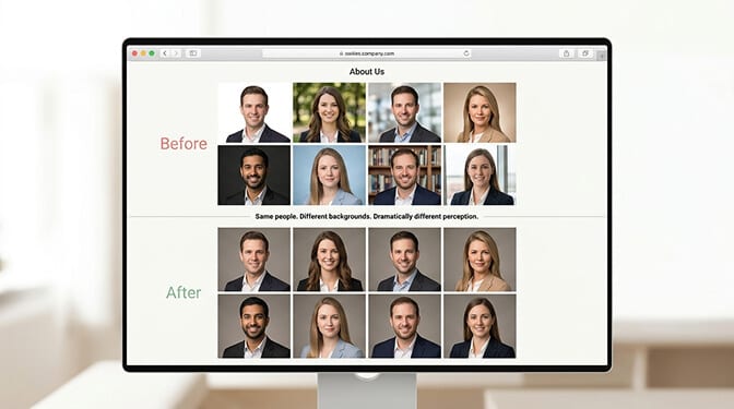 Side by side comparison of a team page with mismatched headshot backgrounds versus one with consistent matching backgrounds