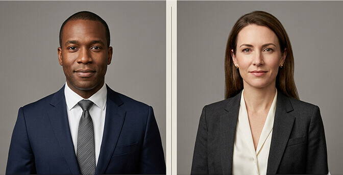 Professional headshot outfit examples for finance and law industries showing dark suits blazers and conservative styling for men and women