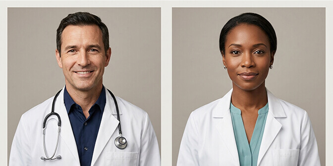 Healthcare headshot outfit guide showing white lab coat styling for doctors and professional alternatives for non clinical medical staff