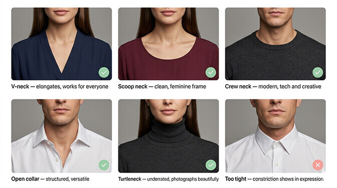Neckline comparison guide for headshots showing how V neck scoop neck crew neck collared and turtleneck styles photograph differently