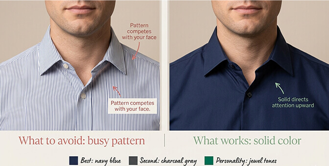 Universal headshot outfit rules showing solid colors fit and recommended color palette including navy charcoal and jewel tones