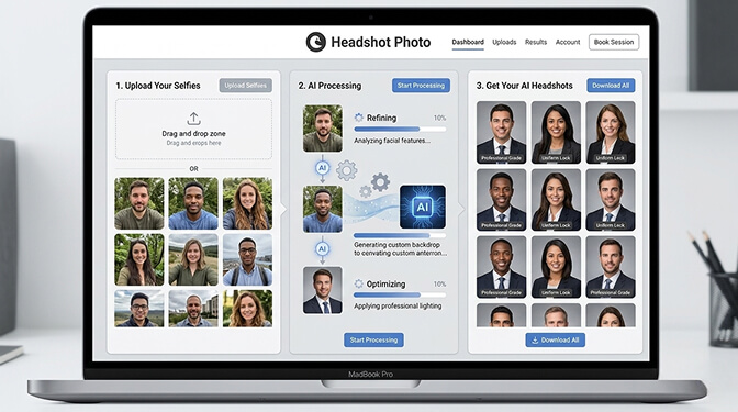 AI headshot generator transforming casual selfies into consistent corporate professional headshots