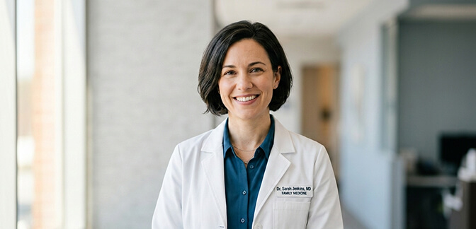 Healthcare professional headshots showing white coat and scrub options with warm expressions