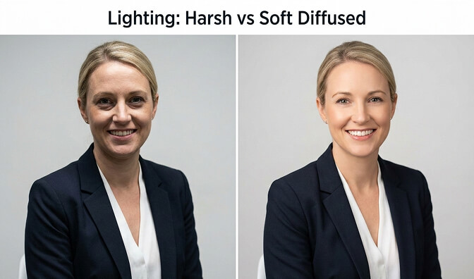 Corporate headshot with soft diffused lighting showing natural flattering illumination