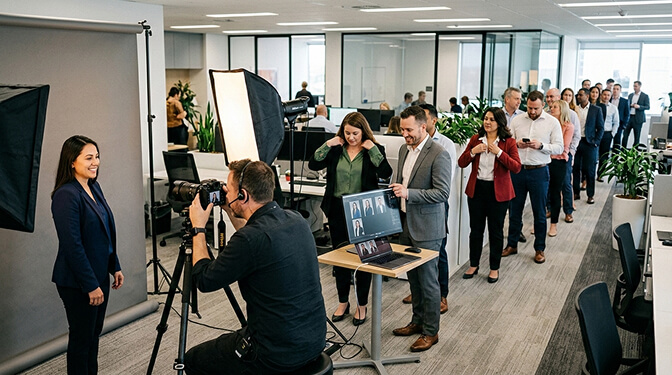 Traditional corporate photo day setup with photographer and studio lighting in office