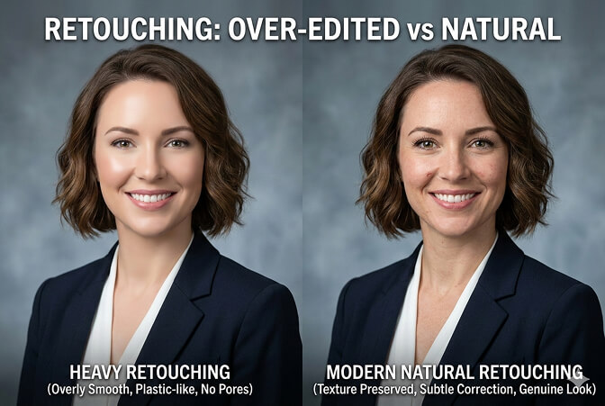 Before and after corporate headshot showing minimal natural retouching versus over-processed look