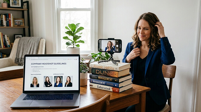 Employee following self-guided headshot submission guidelines with phone camera setup