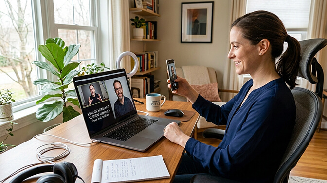 Virtual photography session with employee on video call getting remote direction from photographer