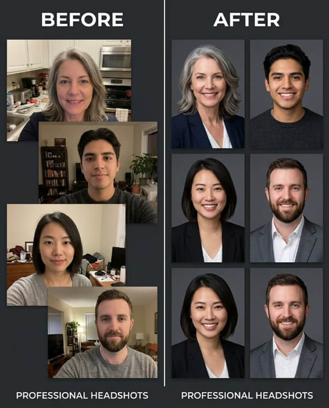 Before and after grid showing mismatched team photos replaced by matching professional headshots