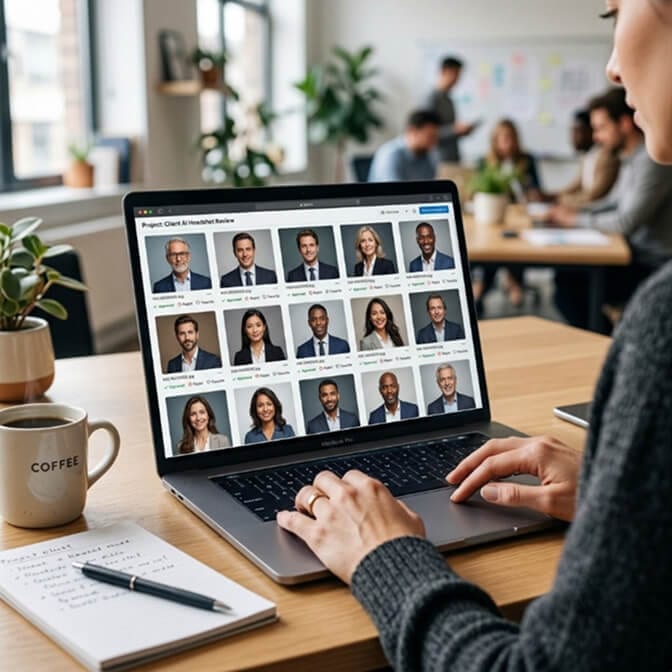 Reviewing a batch of matching team headshots on a laptop in an office