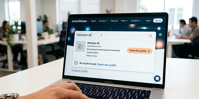 Screenshot showing how to search for and claim an existing Crunchbase company profile