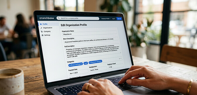 Checklist of essential Crunchbase company profile fields including name description website and categories