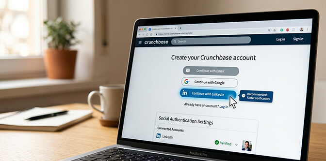 Step by step guide showing how to create a Crunchbase account with LinkedIn authentication