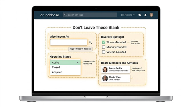 List of commonly overlooked Crunchbase profile fields including Also Known As Diversity Spotlight and Board Members