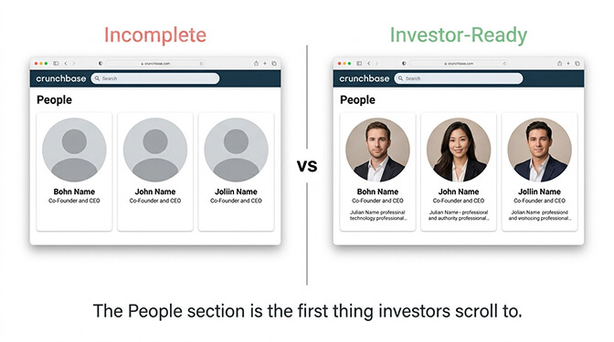 Example of complete Crunchbase founder profiles with professional headshots compared to incomplete profiles without photos