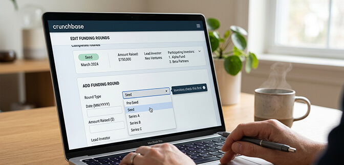 Guide to adding funding round details on Crunchbase including round type date amount and investor information