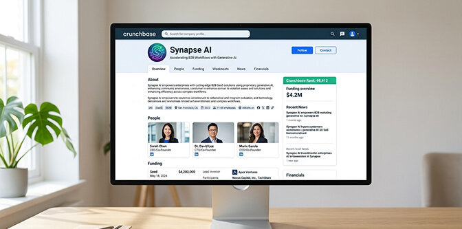 Infographic showing why Crunchbase matters for startups with stats on investor research and discoverability