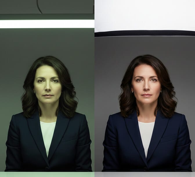 Wearing a dark V-neck top to elongate the neck and define the jawline in a headshot