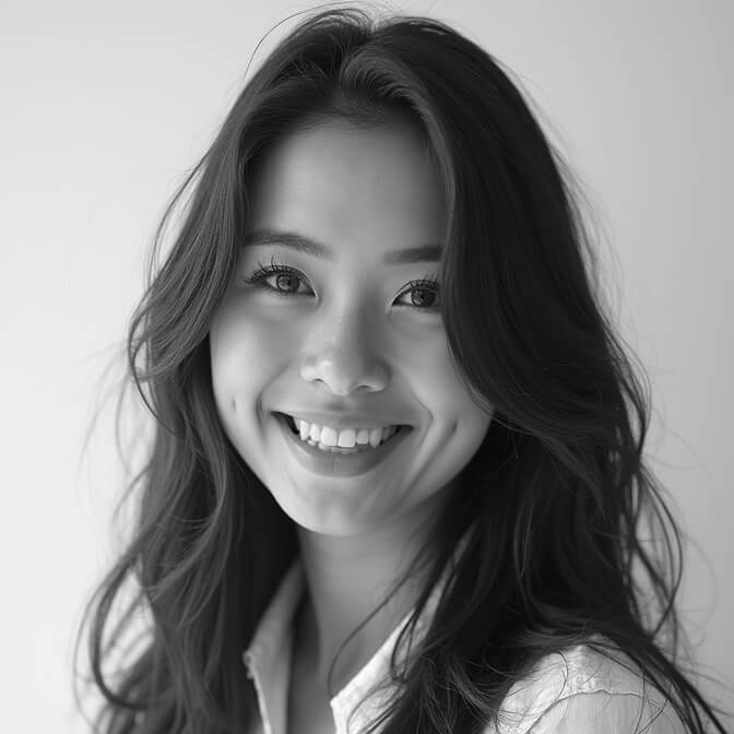 Black and white headshot of a woman with a friendly smile, representing a distraction-free composition.