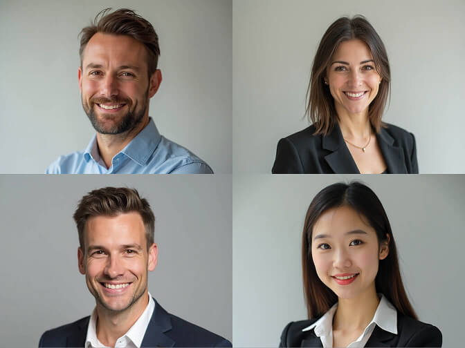 Diverse group of professionals in business attire, corporate team headshots