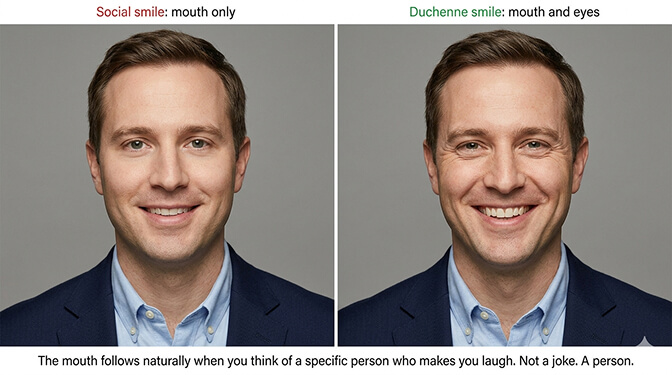 Comparison of a forced smile versus a genuine Duchenne smile with eye engagement