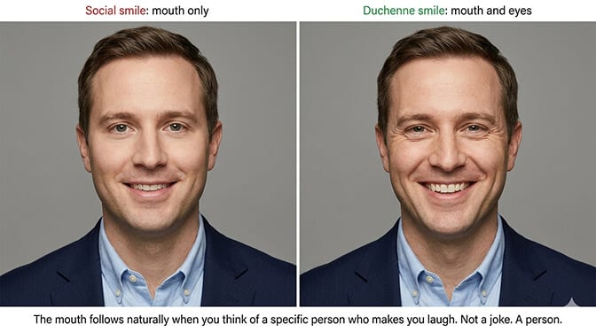Comparison of a forced smile versus a genuine Duchenne smile with eye engagement