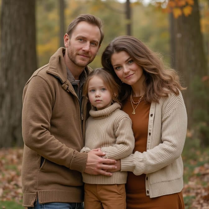 family portrait featuring earth tones and cream color scheme, with the father, mother, and child dressed in shades of brown and tan