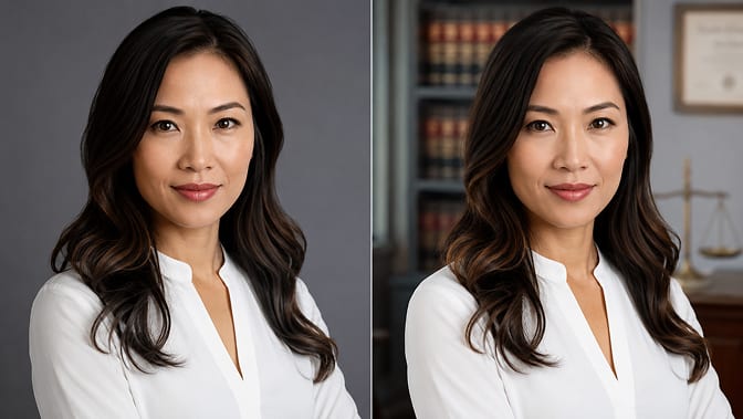 Side by side comparison of a generic gray studio backdrop headshot versus a contextual environmental headshot