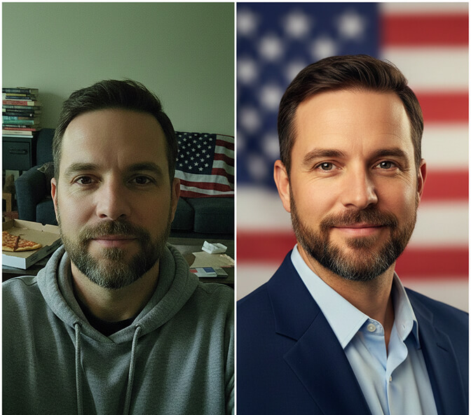 AI-generated professional patriotic headshot with softly blurred American flag background