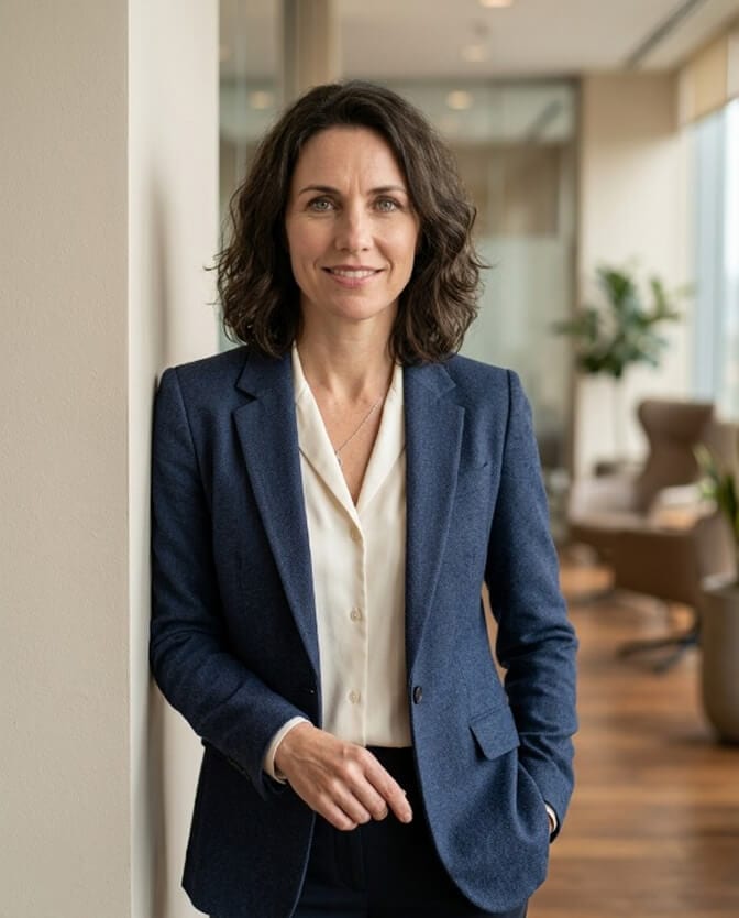 Businesswoman standing in a navy blazer with an easy, confident posture and warm expression