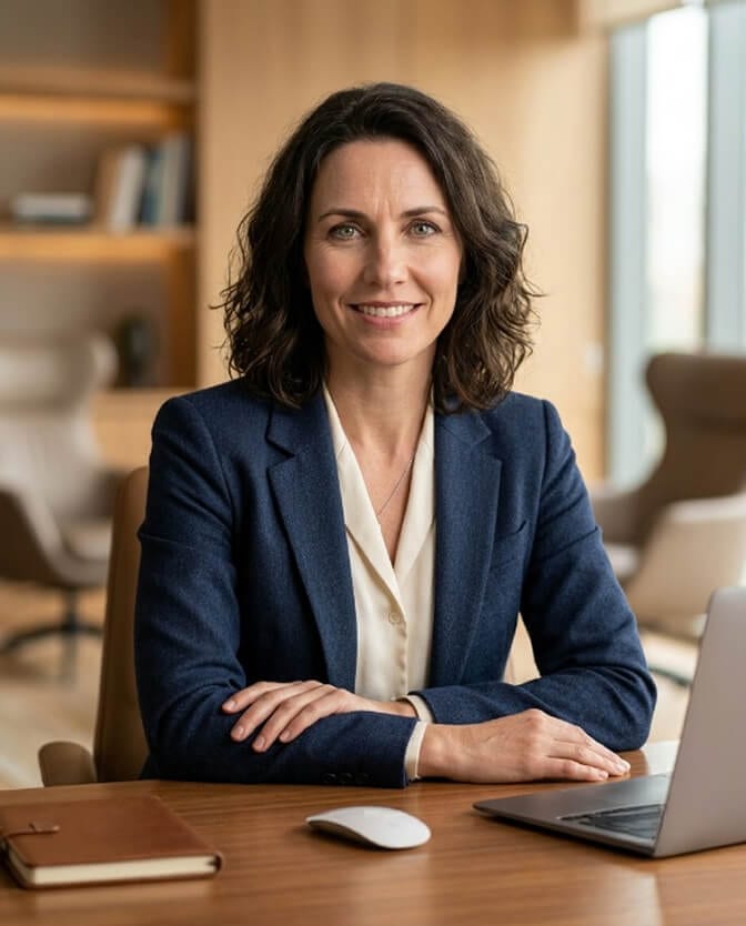 Businesswoman seated at a desk leaning slightly forward, engaged, composed and senior