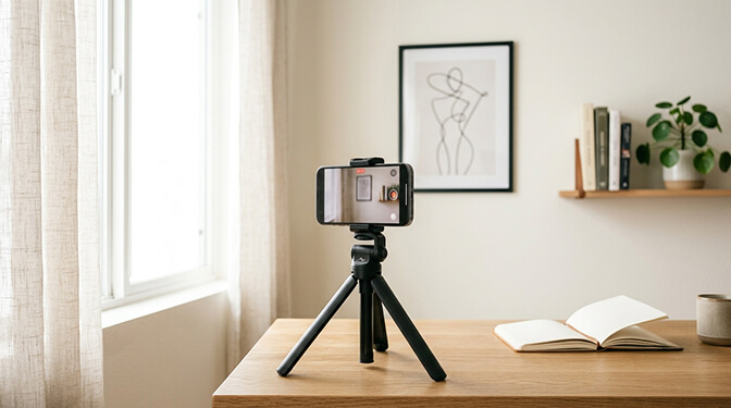 A phone propped on a tripod at eye level by a window to film a video introduction