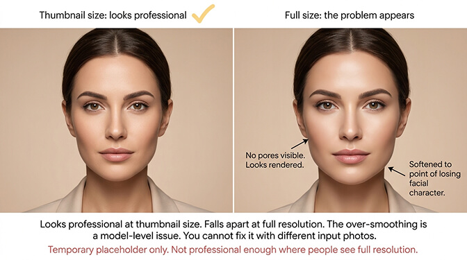 AIEase headshot result showing over smoothed plastic skin texture typical of free tools