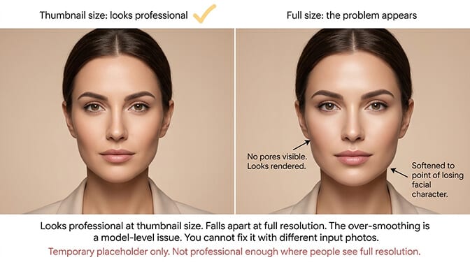 AIEase headshot result showing over smoothed plastic skin texture typical of free tools