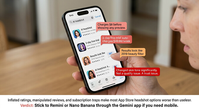 App Store AI headshot apps showing subscription pricing traps and poor quality outputs
