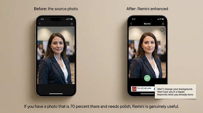 Before and after photo enhancement using Remini to improve an existing headshot