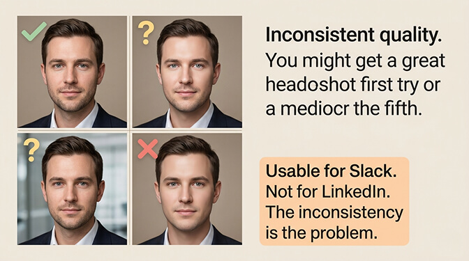 Supawork free AI headshot output showing inconsistent quality between generations