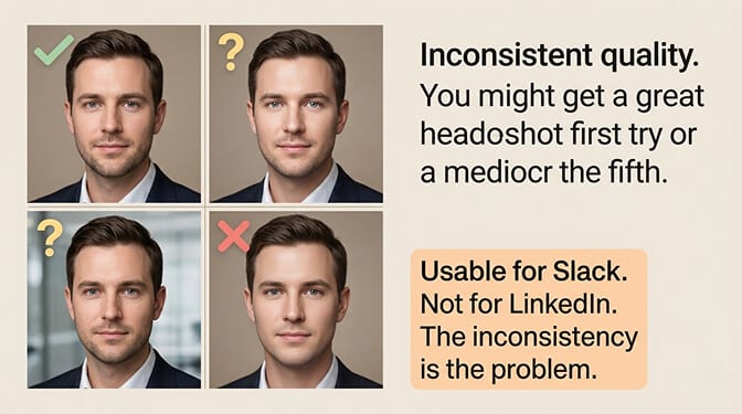 Supawork free AI headshot output showing inconsistent quality between generations
