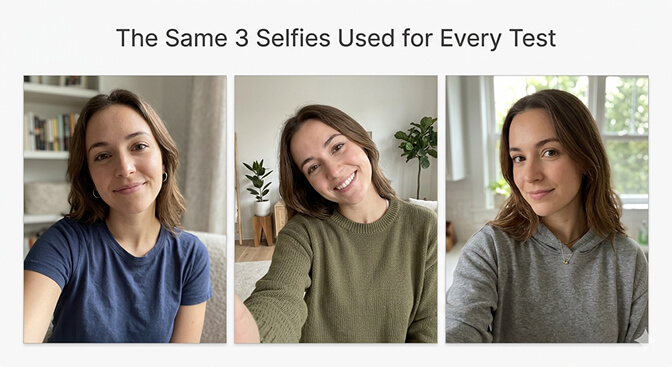 Three input selfies used to test every free AI headshot generator side by side