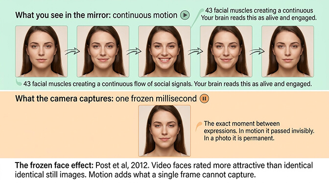 Illustration of the frozen face effect showing awkward mid-expression captures