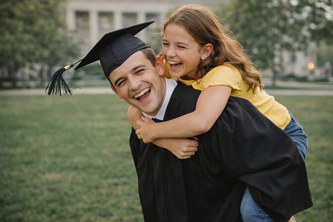 Graduate giving younger sibling a piggyback ride with graduation cap falling off mid laugh