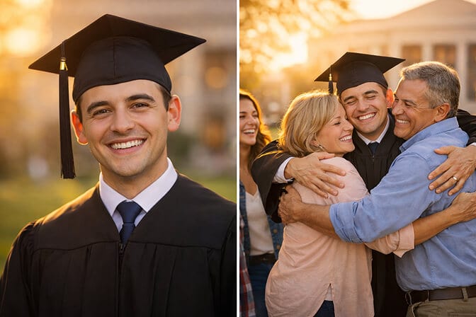 Graduate in cap and gown posing for a polished solo portrait with soft natural lighting