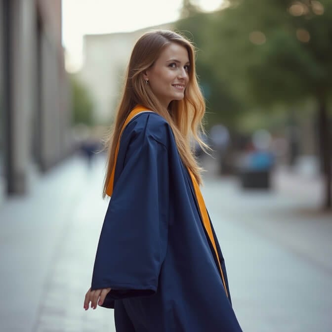 graduation headshot of a woman in walking pose