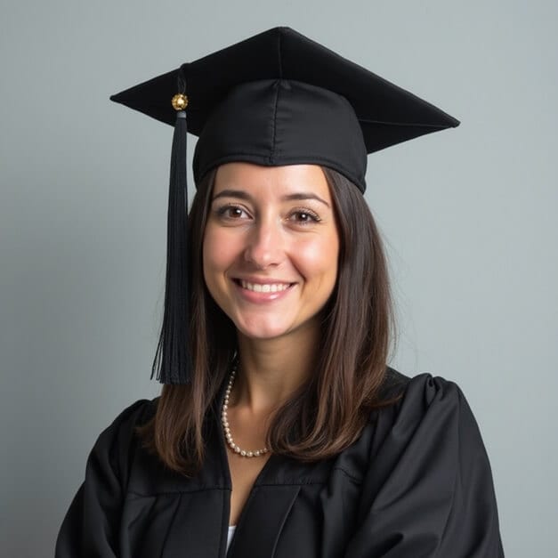 graduation headshot of a woman in a thoughtful leaning pose