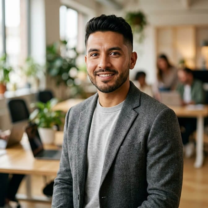 Professional in a grey blazer with a confident, approachable look, the kind of headshot that works across every platform