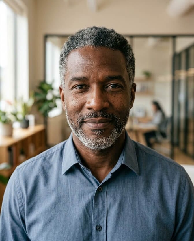 Confident professional headshot of a man whose calm expression signals trust at a glance