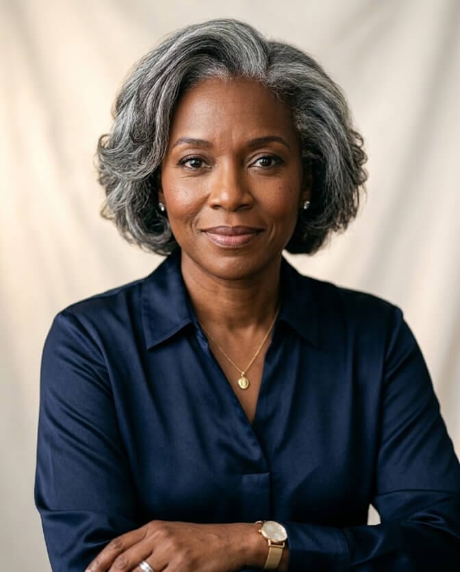 Senior professional woman with a calm, confident headshot that signals competence to hiring managers
