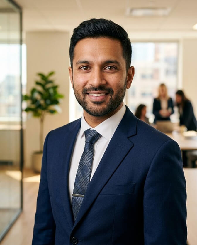Professional headshot of a man in a navy suit whose polished look triggers the halo effect in hiring