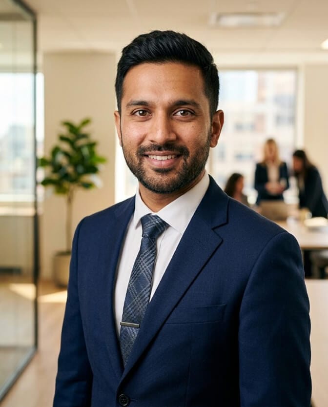 Professional headshot of a man in a navy suit whose polished look triggers the halo effect in hiring
