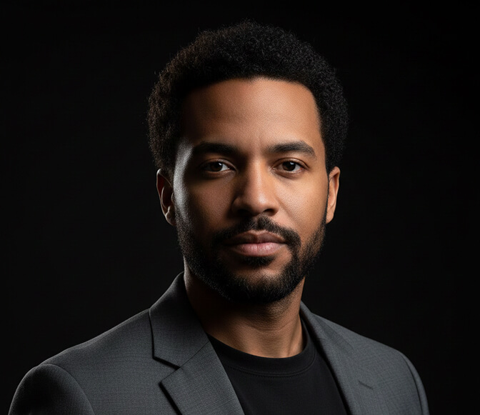 Bold professional headshot with a black background and dramatic lighting